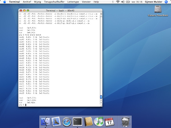 Screenshot of Mac OS X Tiger 10.4
showing a terminal window with an Advent of Code benchmark, finishing in
a little under 16 seconds.